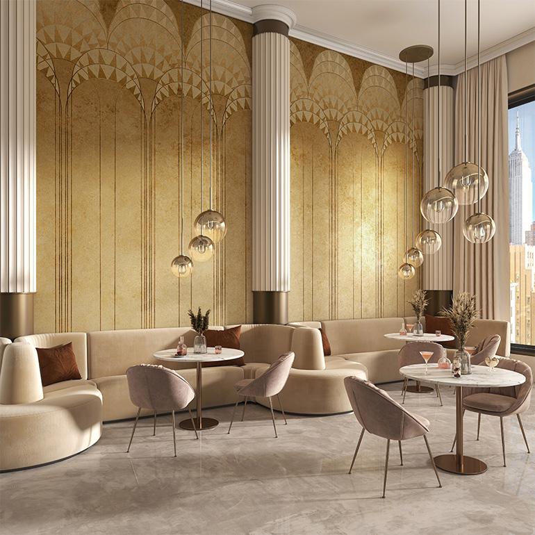 La cupola del Chrysler Building, icona dell'art déco e dell'innovazione architettonica, si erge maestosa sulla skyline di Manhattan lungo Lexington Avenue. I designer di Tecnografica hanno sapientemente reinterpretato la sua peculiare geometria attraverso l'utilizzo delle moderne tecnologie digitali, dando vita alla carta da parati Lexington di Tecnografica.