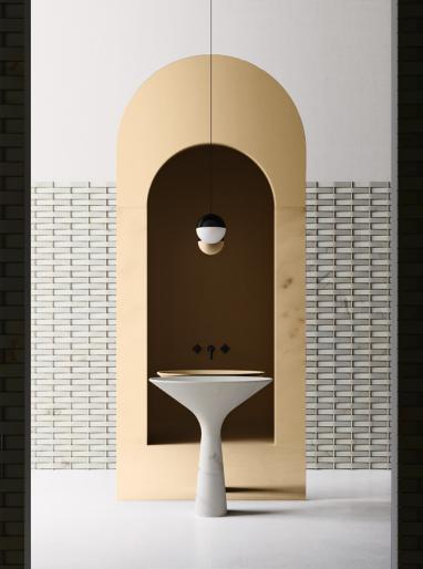 DRY &amp; PANAMA - Kreoo Bathroom &amp; Coverings Collection - design Enzo Berti: il lavabo Dry ha una forma scultorea ed essenziale; Panama interpreta il marmo con una texture che infonde un senso di leggerezza e organicit&agrave;, attraverso un intreccio di rilievi, ombre e venature.