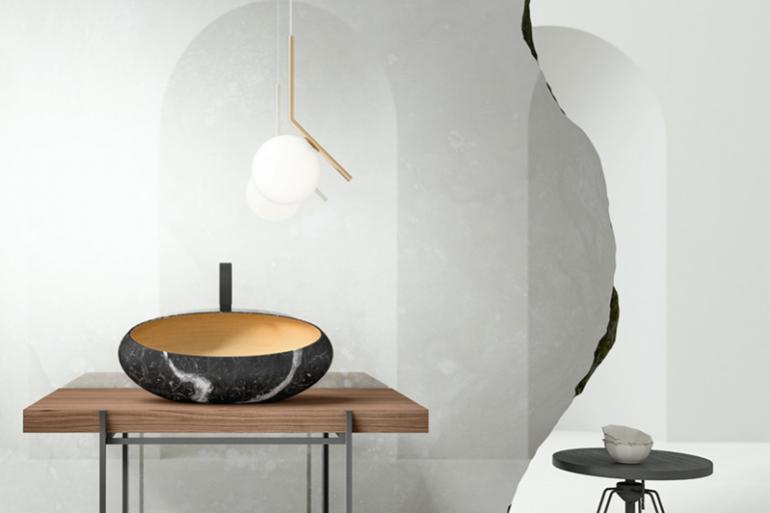 GONG &amp; HASHI EASEL - Kreoo Bathroom Collection - design Enzo Berti: una forma ancestrale, ispirata a una campana tibetana, modellata in un unico blocco di marmo; Gong &egrave; proposto sia in versione da appoggio che freestanding su base in marmo