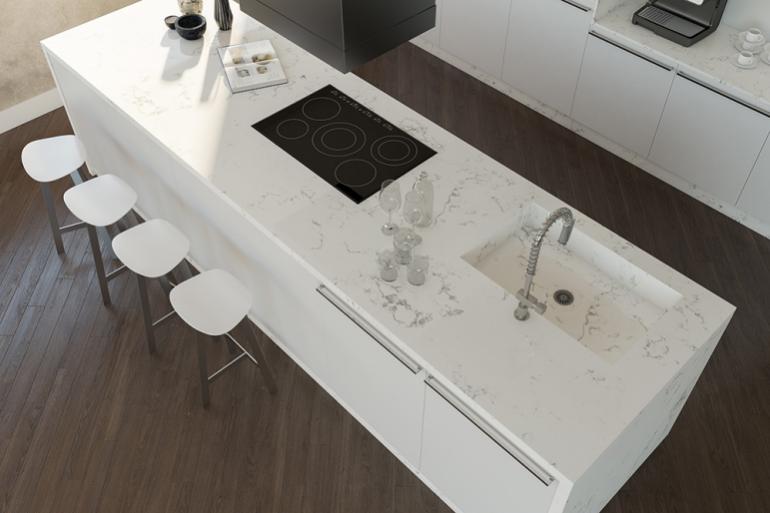 Topzstone Crystal: questa superficie offre la purezza del bianco, trasmettendo eleganza e innovazione in linea con le tendenze pi&ugrave; attuali e le esigenze funzionali dell'ambiente